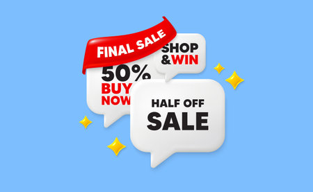 Half off sale speech bubbles. Final sale flag ribbon. Half off sale. Special offer price sign. Advertising discounts symbol. Discount chat bubbles with 3d sparkles. Vectorのイラスト素材
