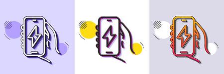 Charging app line icon. Halftone dotted pattern. Gradient icon with grain shadow. Hand hold phone...