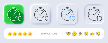 Timer 10 minutes line icon. Neumorphic, Flat shadow, 3d buttons. Stopwatch time sign. Countdown clock symbol. Line timer icon. Social media icons. Vectorのイラスト素材