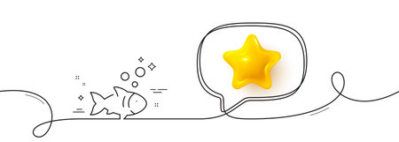 Fish line icon. Continuous line with 3d star. Fishing catch sign. Fresh seafood symbol. 3d star in...