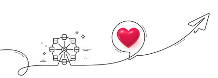 Ferris wheel line icon. Continuous line with share plane. Amusement park sign. Carousels symbol. 3d heart in speech bubble. Ferris wheel single line ribbon. Loop curve pattern. Vectorのイラスト素材