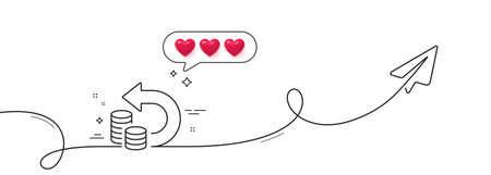 Cash back line icon. Continuous line with share plane. Return money sign. Bank benefits symbol. Hearts rate review in speech bubble. Cash back single line ribbon. Loop curve pattern. Vectorのイラスト素材