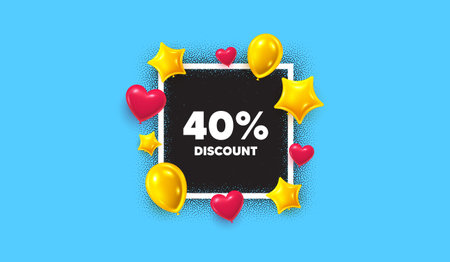 Discount photo frame banner. Square picture frame. 40 percent discount tag. Sale offer price sign. Special offer symbol. 3d balloons as hearts and stars. Vectorのイラスト素材