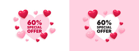 Discount heart shaped banner. 3d flying hearts. 60 percent discount offer tag. Sale price promo sign. Special offer symbol. Valentines day greeting card. Cute 3d love hearts. Vectorのイラスト素材
