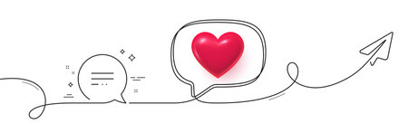 Text message line icon. Continuous line with share plane. Chat comment sign. Speech bubble symbol. 3d heart in speech bubble. Text message single line ribbon. Loop curve pattern. Vectorのイラスト素材