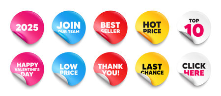 2025 sticker tag. Top 10, Best seller, Hot price banners. 2025 year icon. Event schedule annual date. 2025 annum planner. Join our team sticker. Vectorのイラスト素材