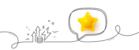 Energy inflation line icon. Continuous line with 3d star. Electric power up trend sign. Consumption growth symbol. 3d star in speech bubble. Energy inflation single line ribbon. Vectorのイラスト素材