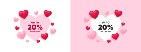 Discount tag heart shaped banner. 3d flying hearts. Up to 20 percent off sale. Discount offer price sign. Special offer symbol. Save 20 percentages. Valentines day greeting card. Vectorのイラスト素材