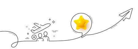 Passengers line icon. Continuous line with share plane. Plane travel flight sign. Airport plane...