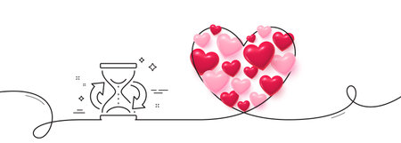 Time hourglass refresh line icon. Continuous line big heart. Sand watch sign. 3d hearts in heart shaped loop. Hourglass single line ribbon. Loop curve pattern. Vectorのイラスト素材