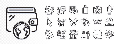 Cursor, Seafood and World communication line icons for web app. Glare of light effect. Message icon. Pack of Fake news, Wallet, Teamwork pictogram icons. Vectorのイラスト素材