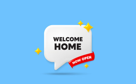 Welcome home ribbon speech bubble. Now open flag ribbon. Welcome home tag. Home invitation offer. Hello guests message. 3d sparkle stars speech bubble. Vectorのイラスト素材