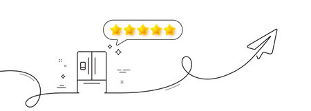 Refrigerator with ice maker line icon. Continuous line with share plane. Fridge sign. Freezer storage symbol. Five star rate review in speech bubble. Refrigerator single line ribbon. Vectorのイラスト素材