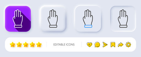 Three fingers hand line icon. Neumorphic, Flat shadow, 3d buttons. Click palm sign. Gesture symbol. Line three fingers icon. Social media icons. Vectorのイラスト素材