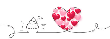 Ice cream cup line icon. Continuous line big heart. Vanilla sundae sign. Frozen summer dessert symbol. 3d hearts in heart shaped loop. Ice cream single line ribbon. Loop curve pattern. Vectorのイラスト素材