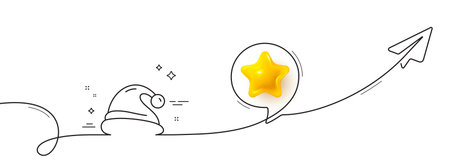 Santa hat line icon. Continuous line with share plane. Christmas or New year sign. Claus symbol. 3d star in speech bubble. Santa hat single line ribbon. Loop curve pattern. Vectorのイラスト素材