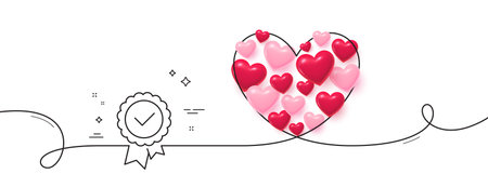 Tested stamp line icon. Continuous line big heart. Approved medal sign. Certificate award symbol. 3d hearts in heart shaped loop. Tested stamp single line ribbon. Loop curve pattern. Vectorのイラスト素材