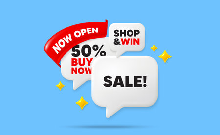 Sale speech bubbles. Now open flag ribbon. Sale promotion tag. Special offer price sign. Advertising Discounts symbol. Discount chat bubbles with 3d sparkles. Vectorのイラスト素材