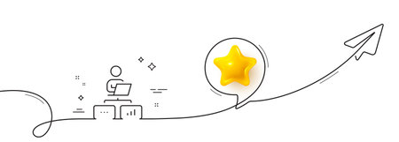 Work at home line icon. Continuous line with share plane. Outsource job sign. Remote office employee symbol. 3d star in speech bubble. Work home single line ribbon. Loop curve pattern. Vectorのイラスト素材