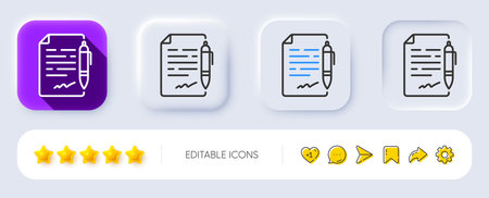 Agreement document line icon. Neumorphic, Flat shadow, 3d buttons. Contract file signature sign. Office note symbol. Line agreement document icon. Social media icons. Vectorのイラスト素材