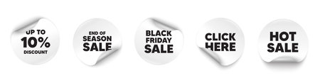 Discount tag sticker tag. Season sale, Black friday paper price banners. Up to 10 percent discount tag. Sale offer price sign. Special offer symbol. Save 10 percentages. Click here sticker. Vectorのイラスト素材