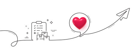 Delivery report line icon. Continuous line with share plane. Parcel documents sign. Express service symbol. 3d heart in speech bubble. Delivery report single line ribbon. Loop curve pattern. Vectorのイラスト素材