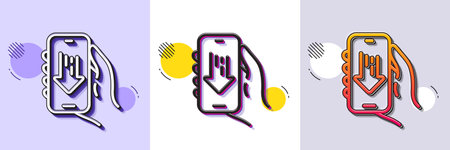 Download app line icon. Halftone dotted pattern. Gradient icon with grain shadow. Hand hold phone sign. Cellphone with screen notification symbol. Line download app icon. Various designs. Vectorのイラスト素材