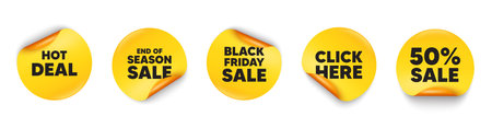 Hot deal sticker tag. 50 percent discount, Black friday paper price banners. Hot deal tag. Special offer price sign. Advertising discounts symbol. Click here sticker. Vectorのイラスト素材