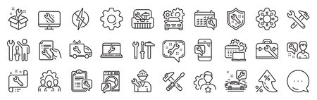 Repair car service line icons. Settings gear, Message, Inflation icons. Set of Hammer, Screwdriver and Spanner tool icons. Recovery, Washing machine repair, Car service. Vectorのイラスト素材