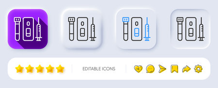Vaccine syringe line icon. Neumorphic, Flat shadow, 3d buttons. Coronavirus Blood and Saliva test sign. Vaccination symbol. Line blood and Saliva test icon. Social media icons. Vectorのイラスト素材