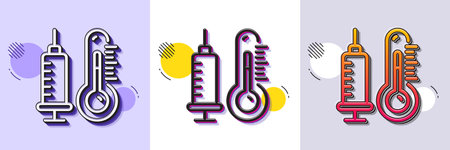 Thermometer with vaccine line icon. Halftone dotted pattern. Gradient icon with grain shadow. Temperature diagnostic sign. Fever measuring symbol. Line thermometer icon. Various designs. Vectorのイラスト素材