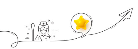 Nurse with Cotton swab line icon. Continuous line with share plane. Doctor assistant sign. Face protection symbol. 3d star in speech bubble. Nurse single line ribbon. Loop curve pattern. Vectorのイラスト素材