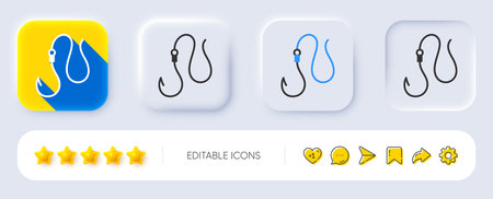 Hook line icon. Neumorphic, Flat shadow, 3d buttons. Fishing tackle sign. Catching fish fishhook symbol. Line hook icon. Social media icons. Vectorのイラスト素材