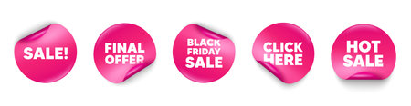 Sale sticker tag. Click here, Black friday paper price banners. Sale promotion tag. Special offer price sign. Advertising Discounts symbol. Hot sale sticker. Promo banners. Vectorのイラスト素材