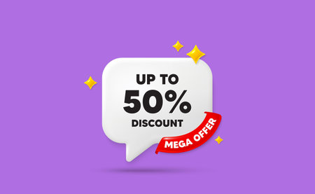 Discount tag chat speech bubble. Mega offer flag ribbon. Up to 50 percent discount. Sale offer price...