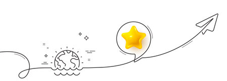 Disaster line icon. Continuous line with share plane. Climate warming sign. World flood symbol. 3d star in speech bubble. Disaster single line ribbon. Loop curve pattern. Vectorのイラスト素材
