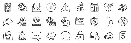 Lock, Thumb down and Food delivery line icons pack. Share, Message, Paper plane icons. Shield, Cardio training, Auction hammer web icon. Info, Warning, Quick tips pictogram. Vectorのイラスト素材
