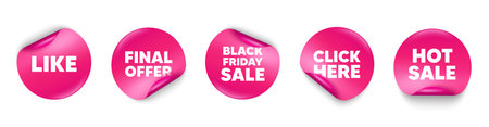 Like sticker tag. Click here, Black friday paper price banners. Like tag. Social media message. Favorite or Awesome notification. Hot sale sticker. Promo banners. Vectorのイラスト素材