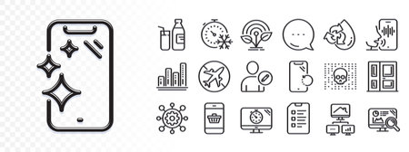 Milk, Smartphone recovery and Airplane mode line icons for web app. Glare of light effect. Message icon. Pack of Entrance, Freezing timer, Checklist pictogram icons. Vectorのイラスト素材