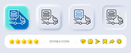 Food delivery truck line icon. Neumorphic, Flat shadow, 3d buttons. Contactless meal order sign. Grocery delivery symbol. Line food delivery icon. Social media icons. Vectorのイラスト素材