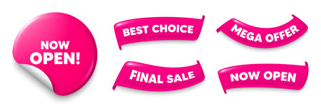 Now open sticker, Sale offer ribbons. Best choice, Now open. Now open tag. Promotion new business sign. Welcome advertising symbol. Pink sticker tag. Flag ribbon banners. Vectorのイラスト素材
