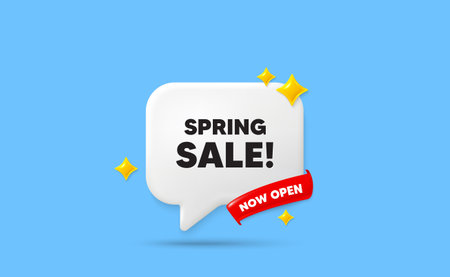 Spring sale ribbon speech bubble. Now open flag ribbon. Spring Sale tag. Special offer price sign. Advertising Discounts symbol. 3d sparkle stars speech bubble. Vectorのイラスト素材