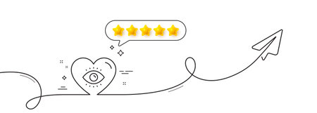 Meditation eye line icon. Continuous line with share plane. Yoga mind sign. Spirit therapy symbol. Five star rate review in speech bubble. Meditation eye single line ribbon. Loop curve pattern. Vectorのイラスト素材