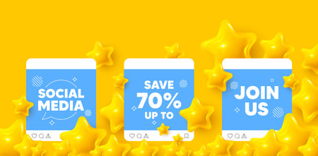 Discount social media post. Join us template mockup. Save up to 70 percent tag. Discount Sale offer...