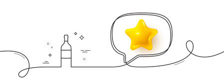 Wine bottle line icon. Continuous line with 3d star. Merlot or Cabernet Sauvignon sign. 3d star in speech bubble. Wine bottle single line ribbon. Loop curve pattern. Vectorのイラスト素材