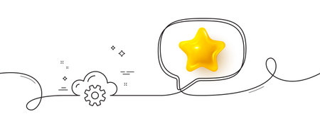 Cloud computing process line icon. Continuous line with 3d star. Internet data storage sign. File hosting technology symbol. 3d star in speech bubble. Cloud computing single line ribbon. Vectorのイラスト素材