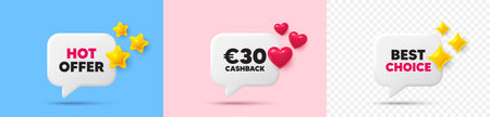 Cashback chat speech bubble. 3d stars, sparkles, hearts chat bubbles. 30 Eur cashback. Money back offer sign. Cash back promo symbol. Hot offer, best choice tag. Vectorのイラスト素材