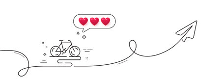 Bike line icon. Continuous line with share plane. Bicycle route sign. Cycling track symbol. Hearts rate review in speech bubble. Bike single line ribbon. Loop curve pattern. Vectorのイラスト素材