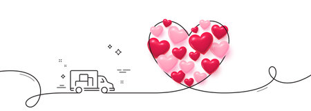 Truck transport line icon. Continuous line big heart. Transportation vehicle sign. Delivery symbol. 3d hearts in heart shaped loop. Truck transport single line ribbon. Loop curve pattern. Vectorのイラスト素材
