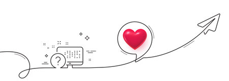 Question mark line icon. Continuous line with share plane. Online quiz test sign. 3d heart in speech bubble. Online quiz single line ribbon. Loop curve pattern. Vectorのイラスト素材